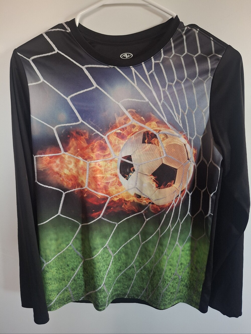 Athletic Works Black Long-Sleeve Soccer Tee with Flaming Ball Graphic